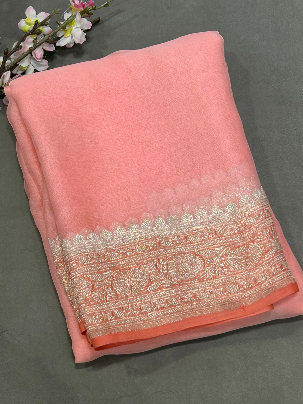 Peach benaras pure  chiffon
