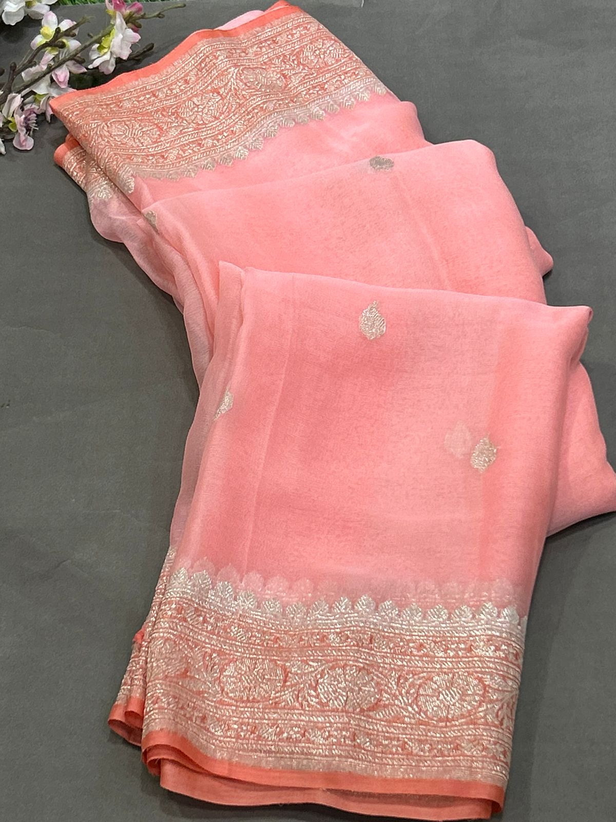 Peach benaras pure  chiffon