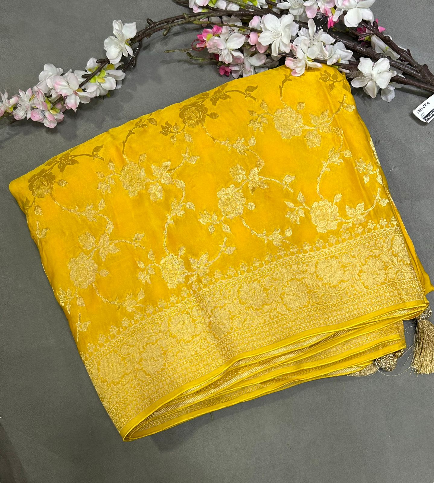 Lemon yellow organza crepe silk saree