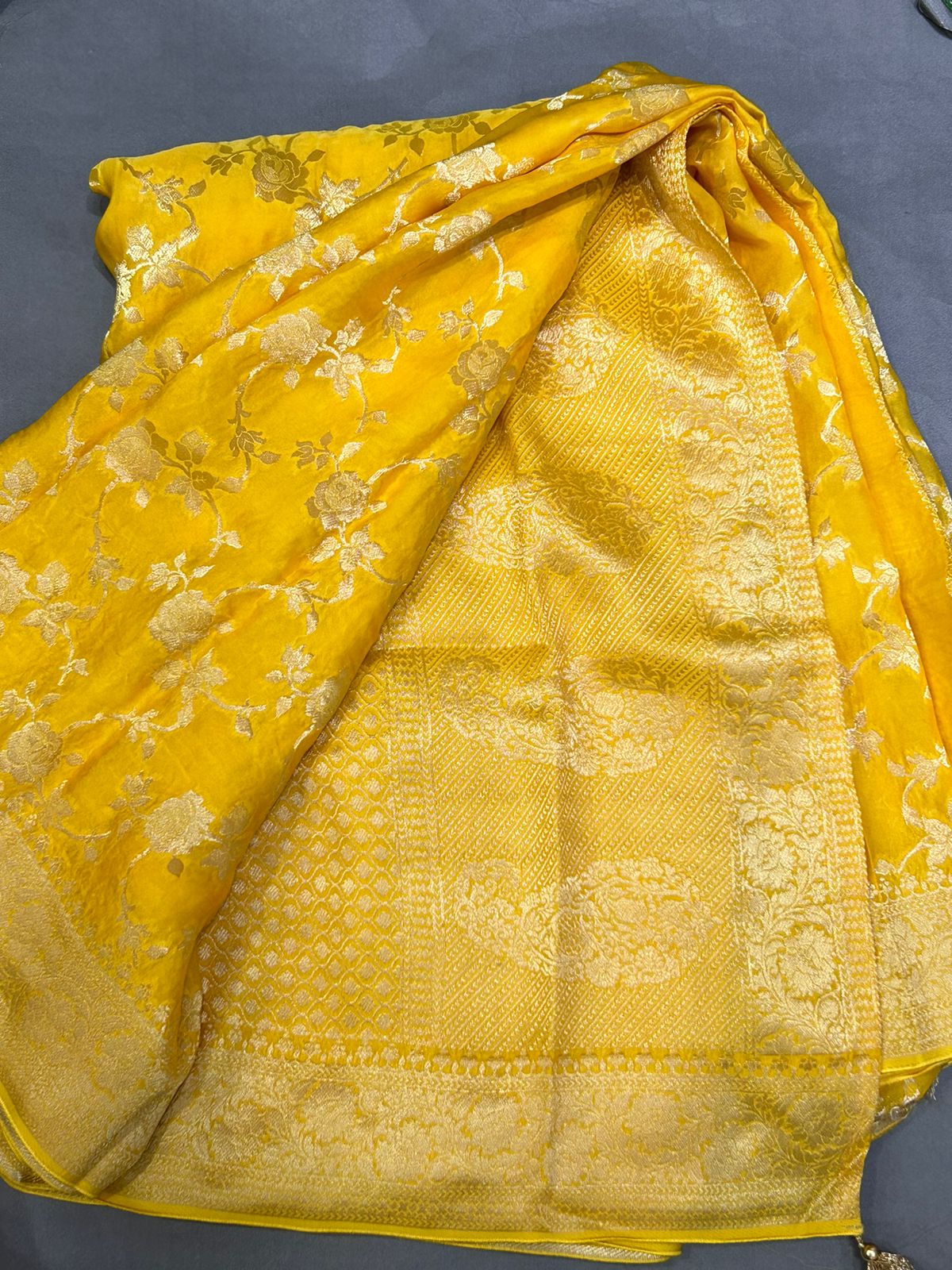 Lemon yellow organza crepe silk saree