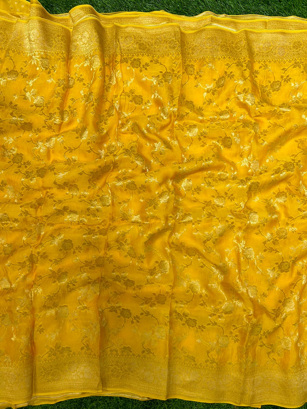 Lemon yellow organza crepe silk saree