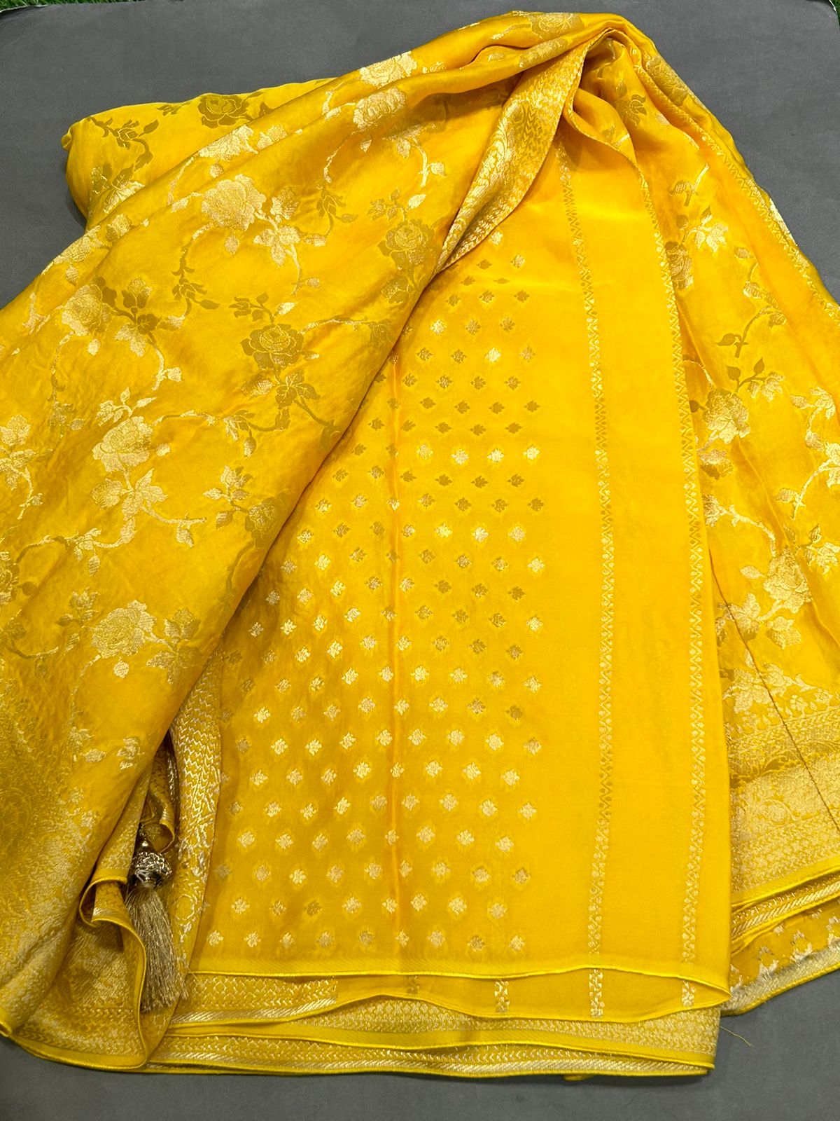 Lemon yellow organza crepe silk saree