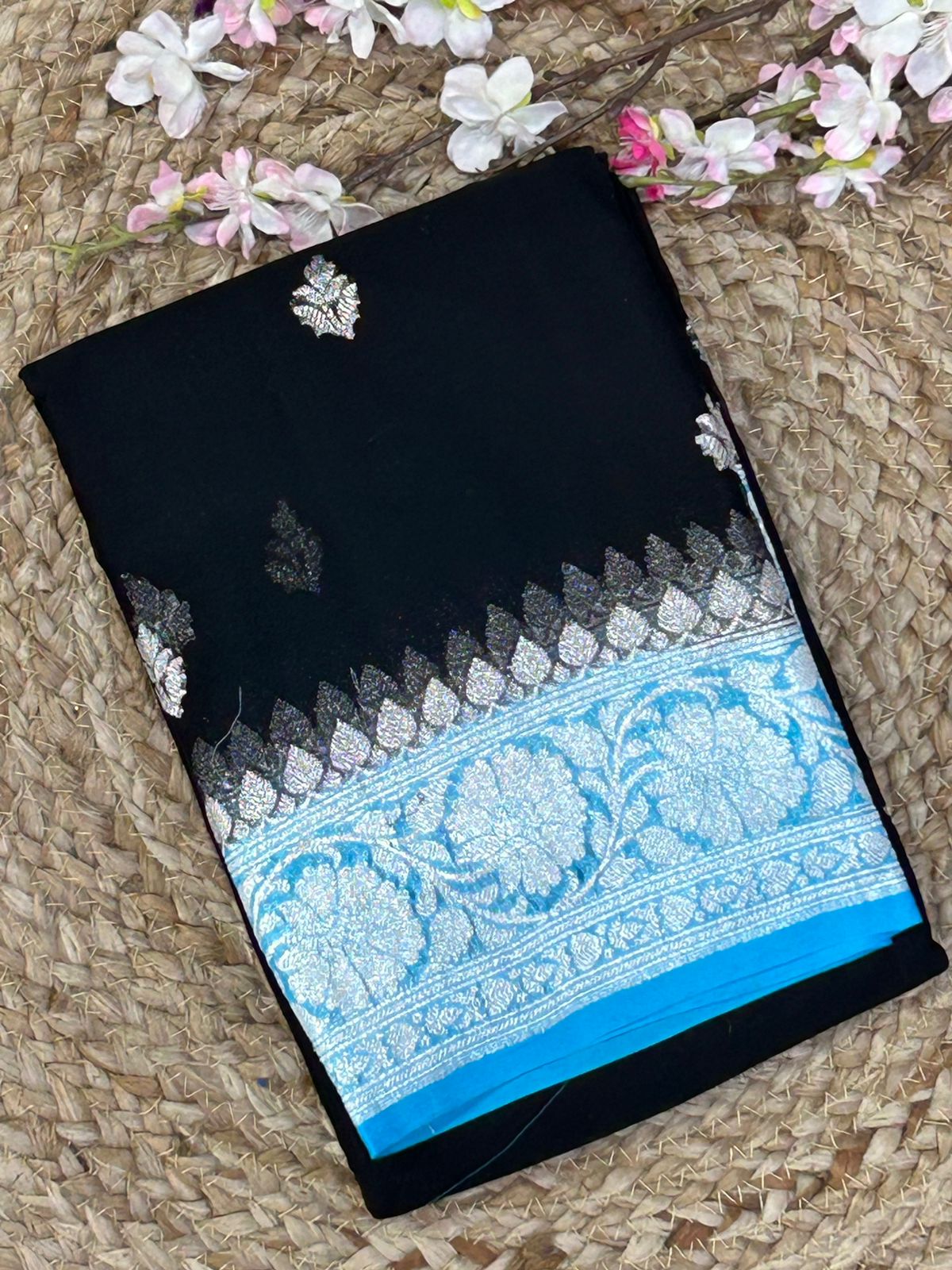 Black n blue silver zari pure  chiffon saree,black n blue pure banarasi