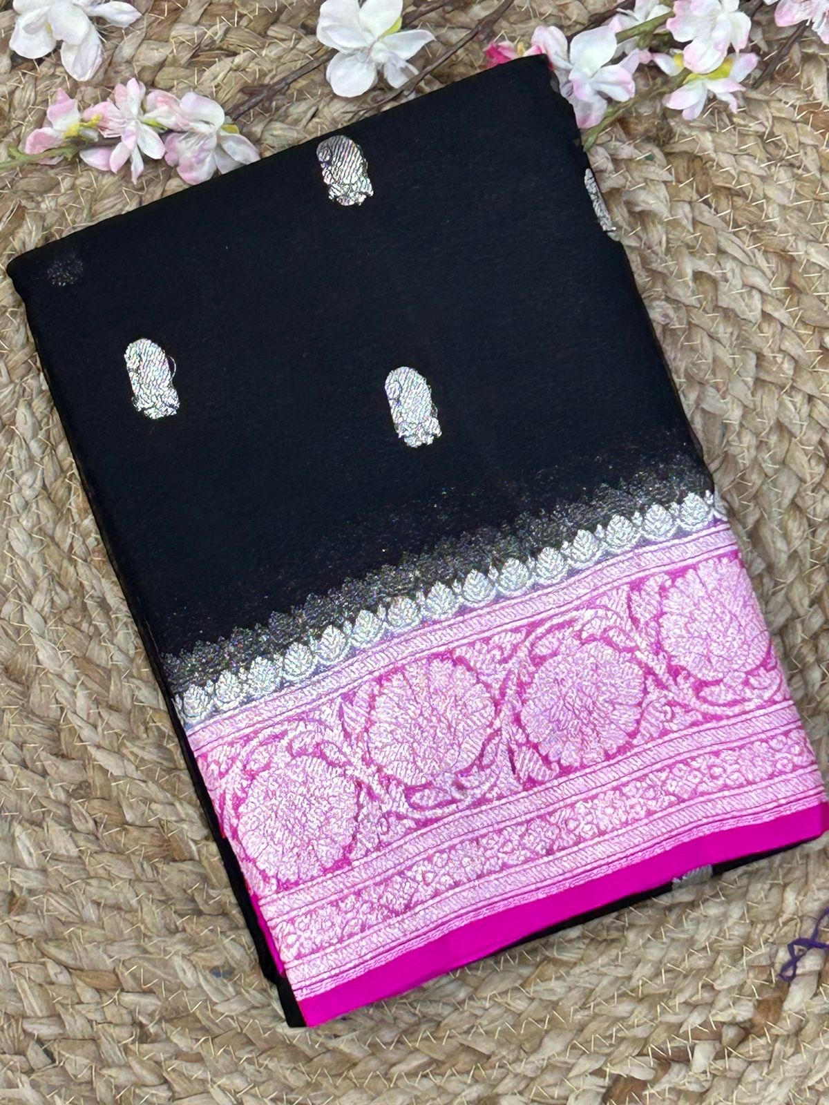 Black n pink 01 silver zari pure chiffon