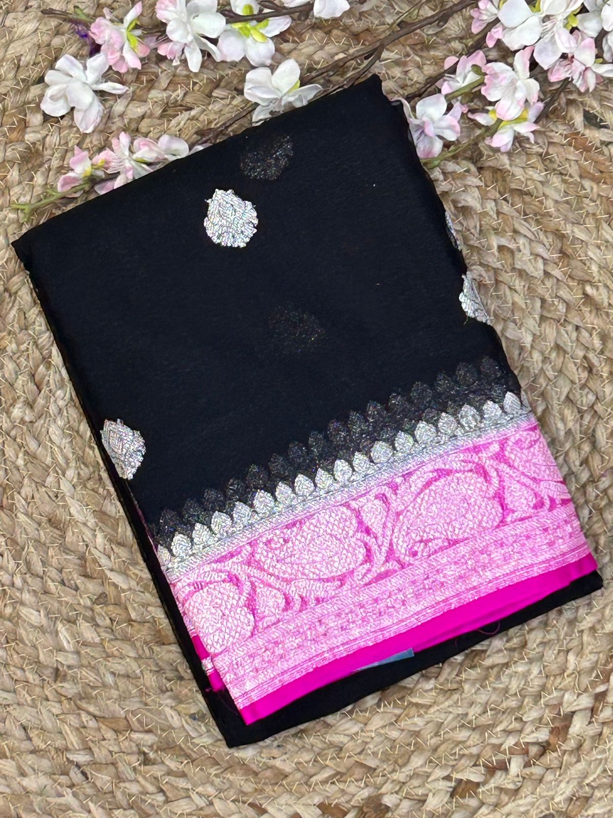 Black n pink 02 silver zari pure chiffon