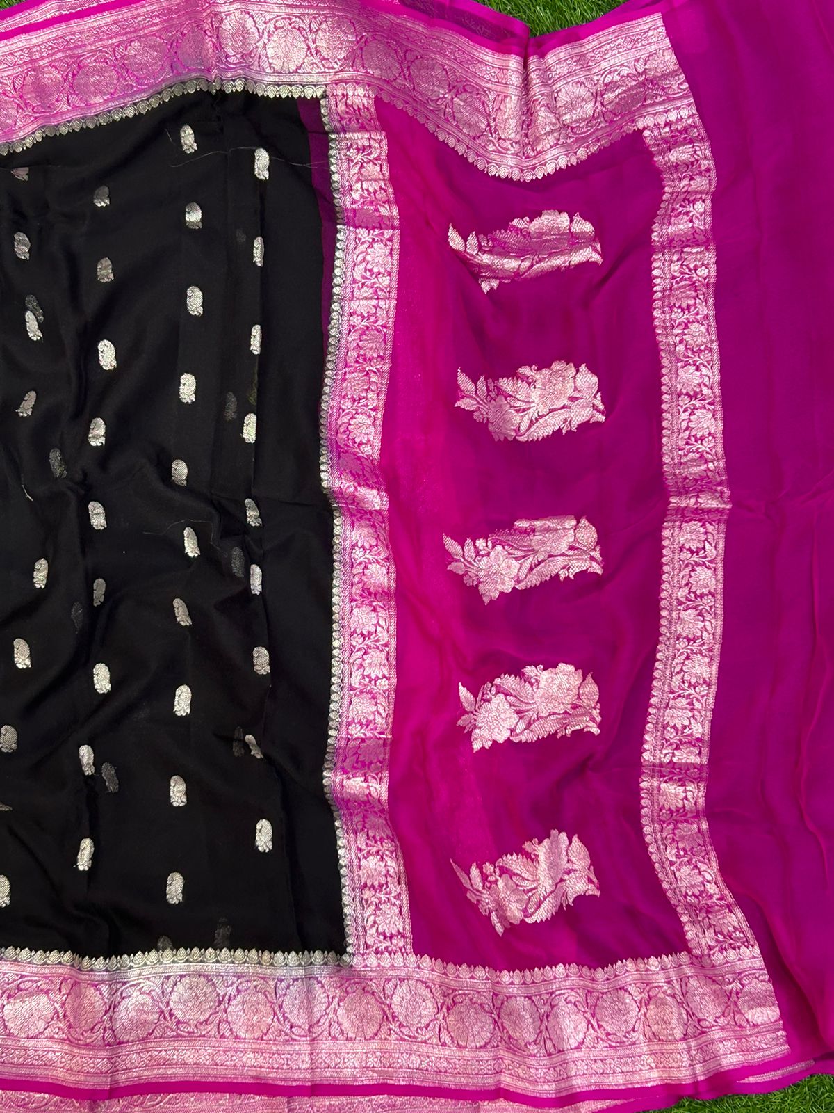 Black n pink 01 silver zari pure chiffon