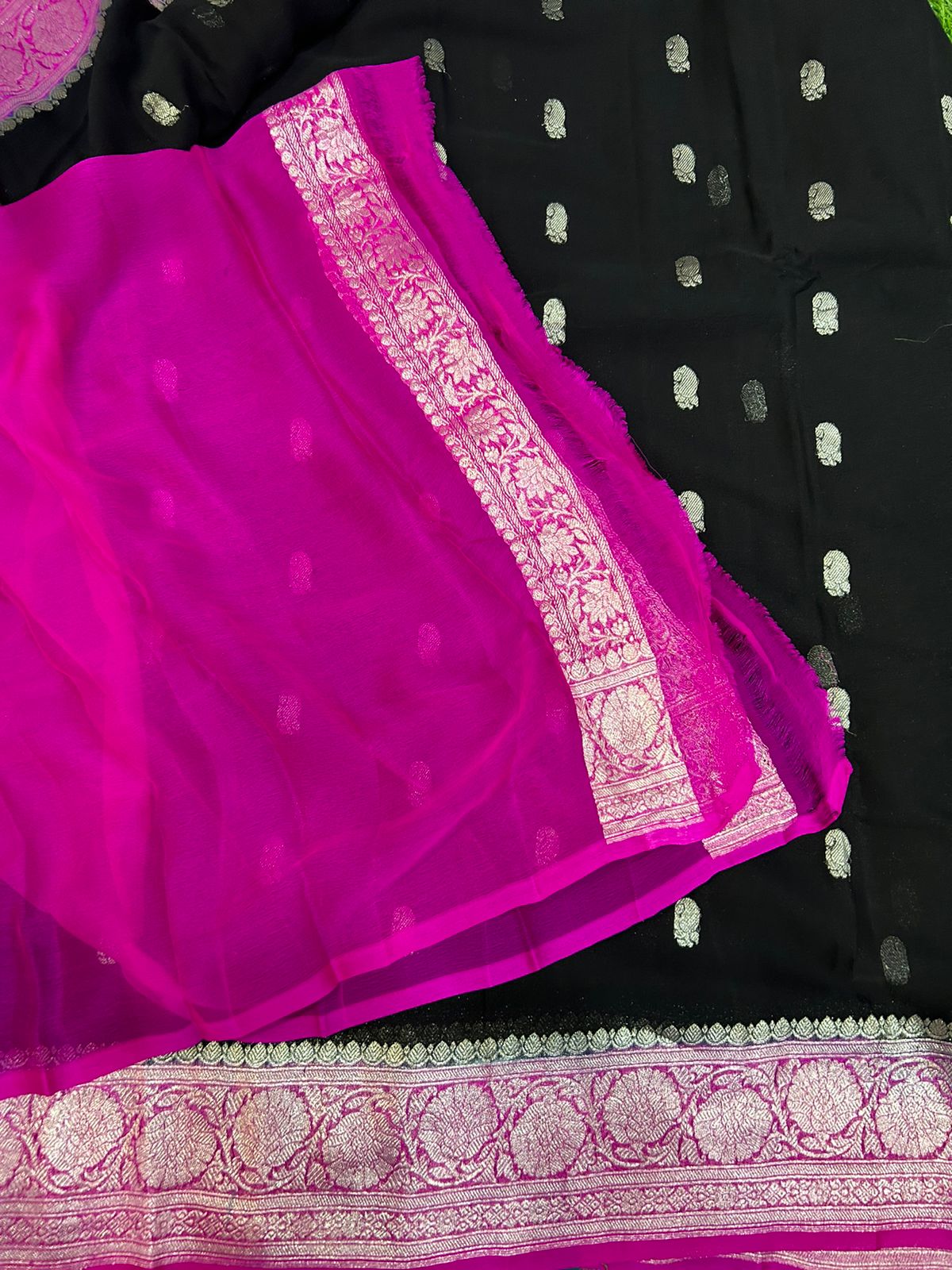 Black n pink 01 silver zari pure chiffon