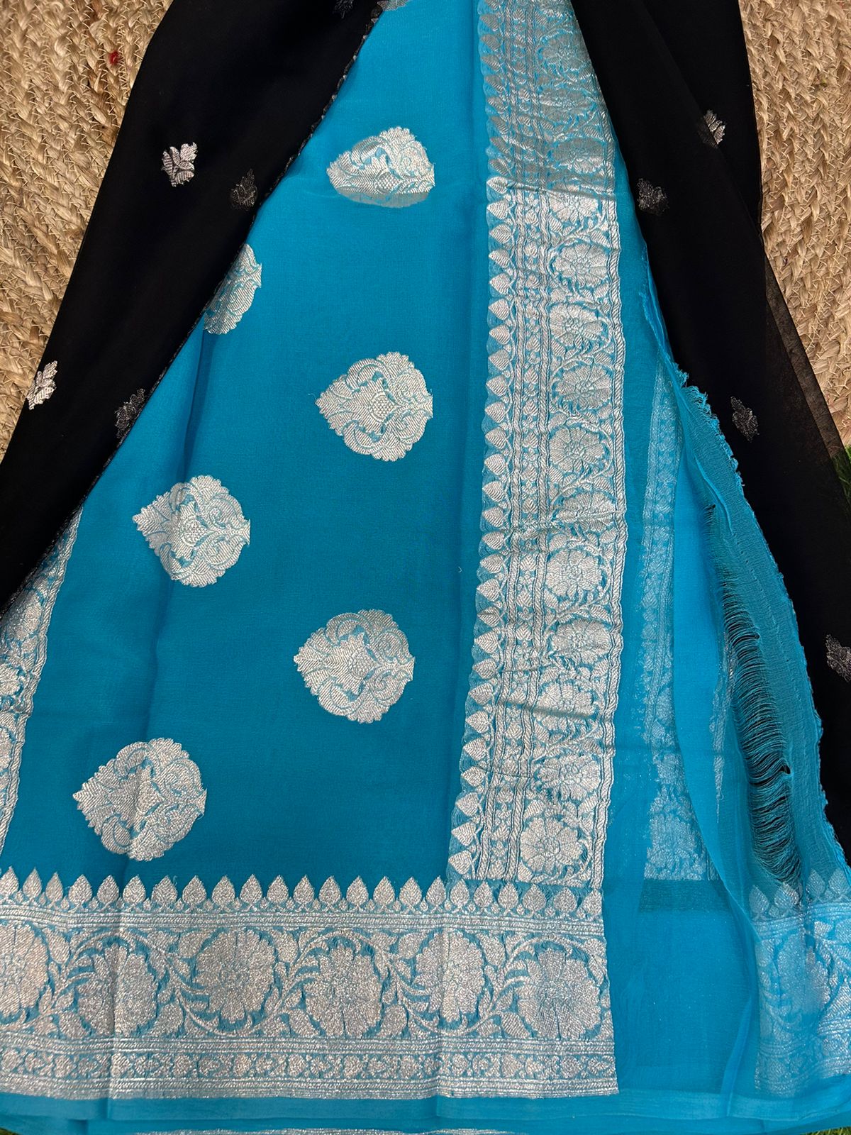 Black n blue silver zari pure  chiffon saree,black n blue pure banarasi