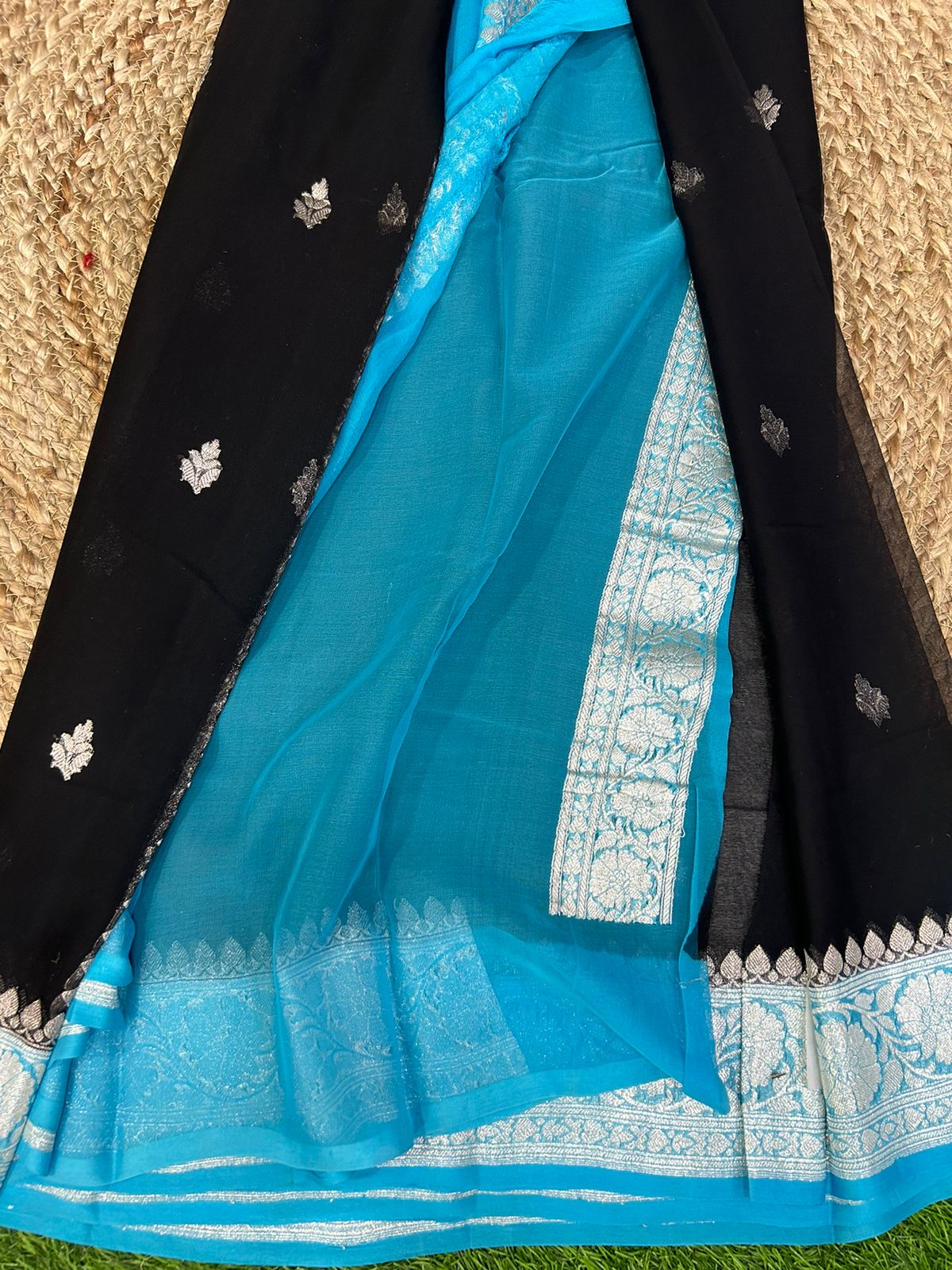 Black n blue silver zari pure  chiffon saree,black n blue pure banarasi