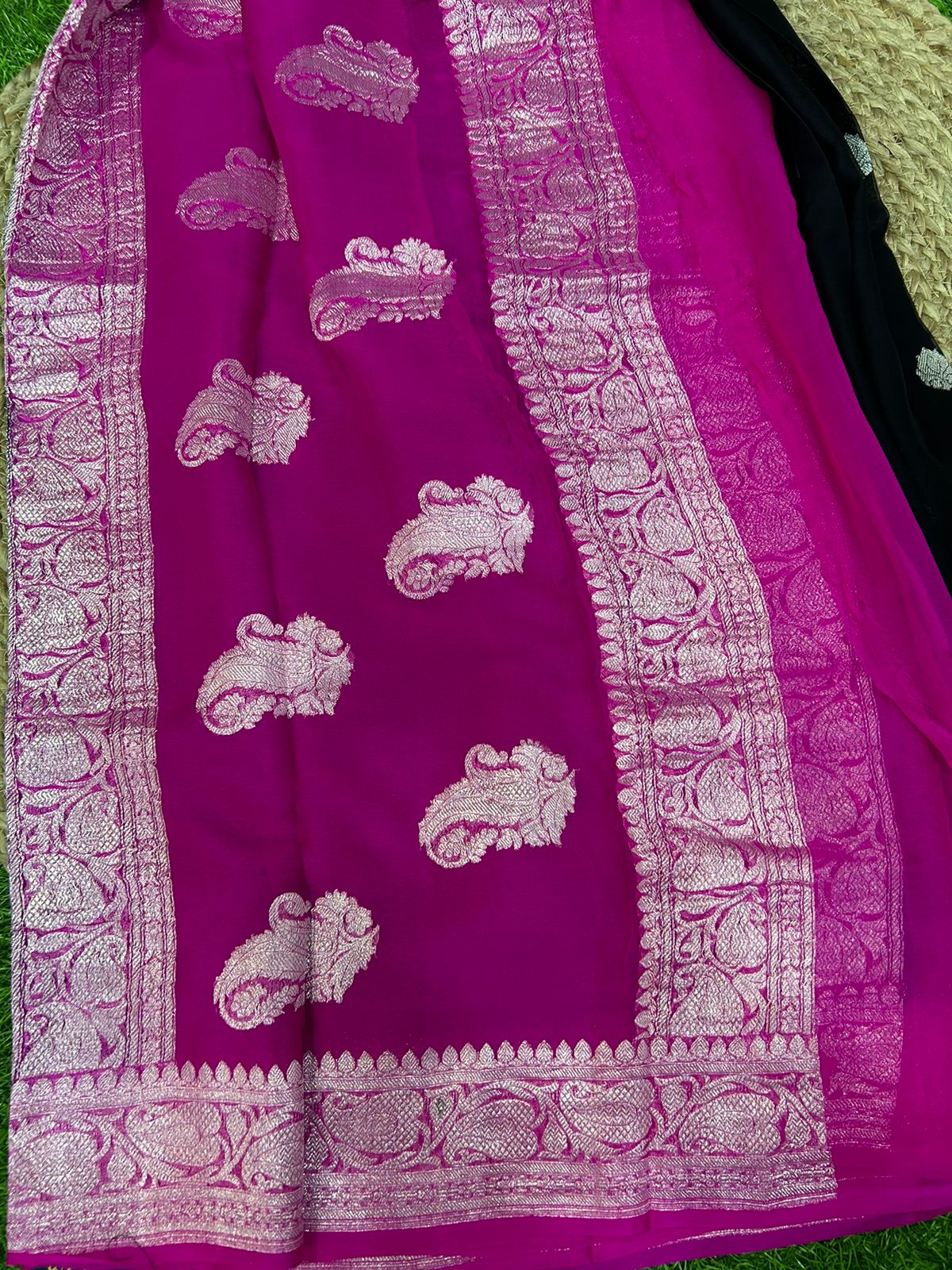 Black n pink 02 silver zari pure chiffon