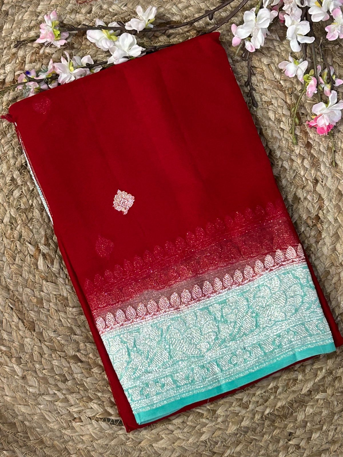 Bright red with sea blue benarasi pure  chiffon