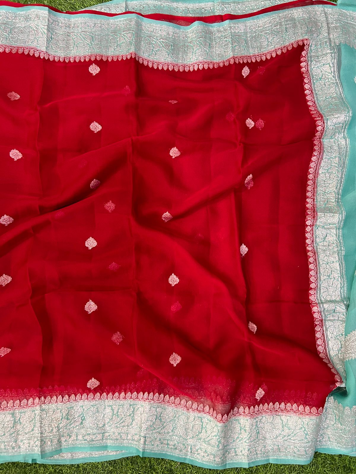 Bright red with sea blue benarasi pure  chiffon