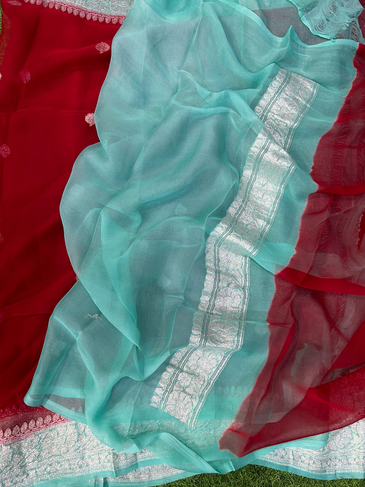 Bright red with sea blue benarasi pure  chiffon