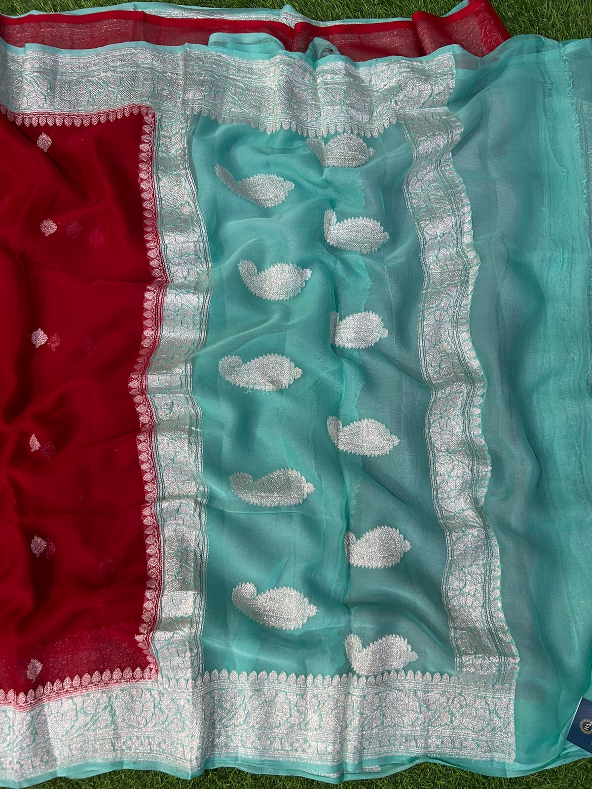 Bright red with sea blue benarasi pure  chiffon