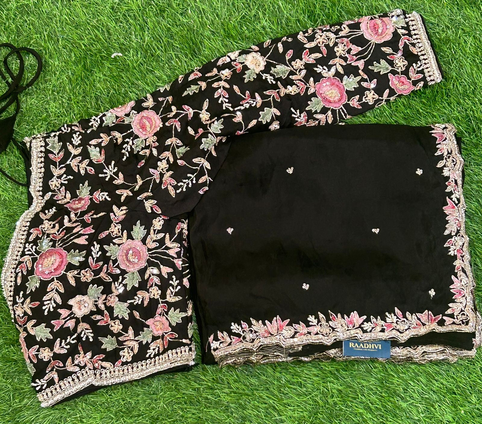 Black hand work designer party wear satin silk saree