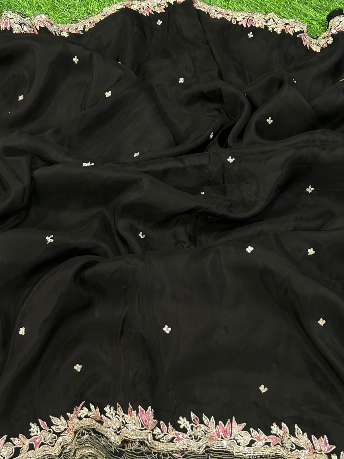 Black hand work designer party wear satin silk saree