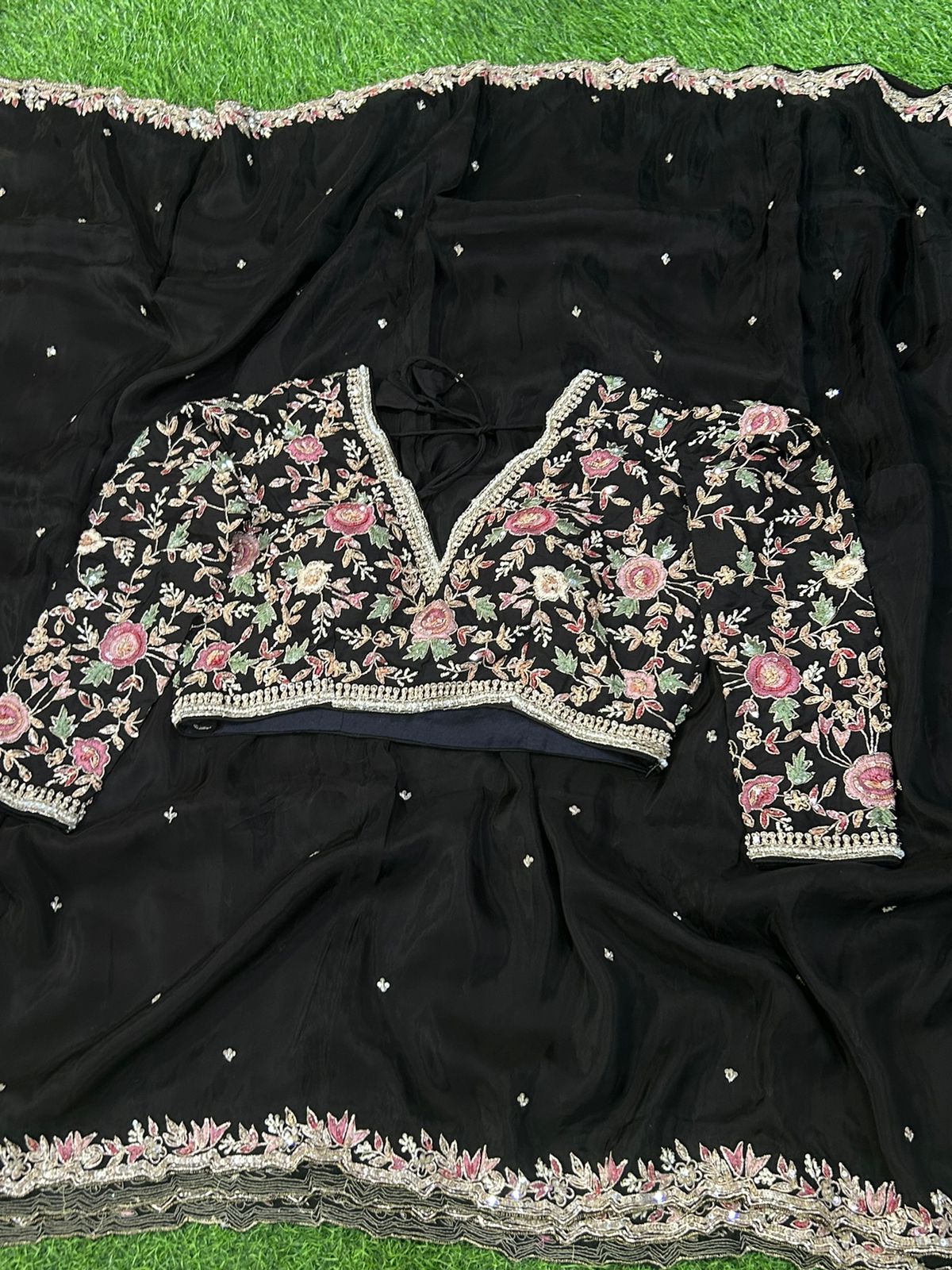 Black hand work designer party wear satin silk saree