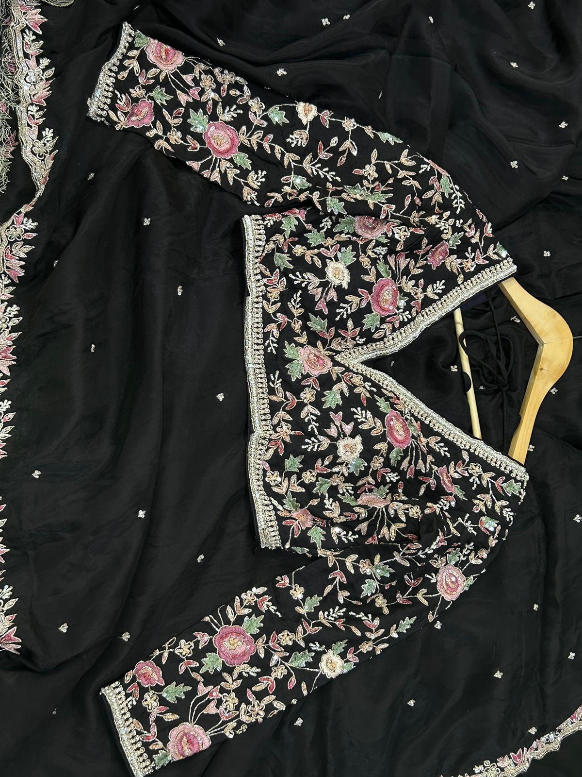 Black hand work designer party wear satin silk saree