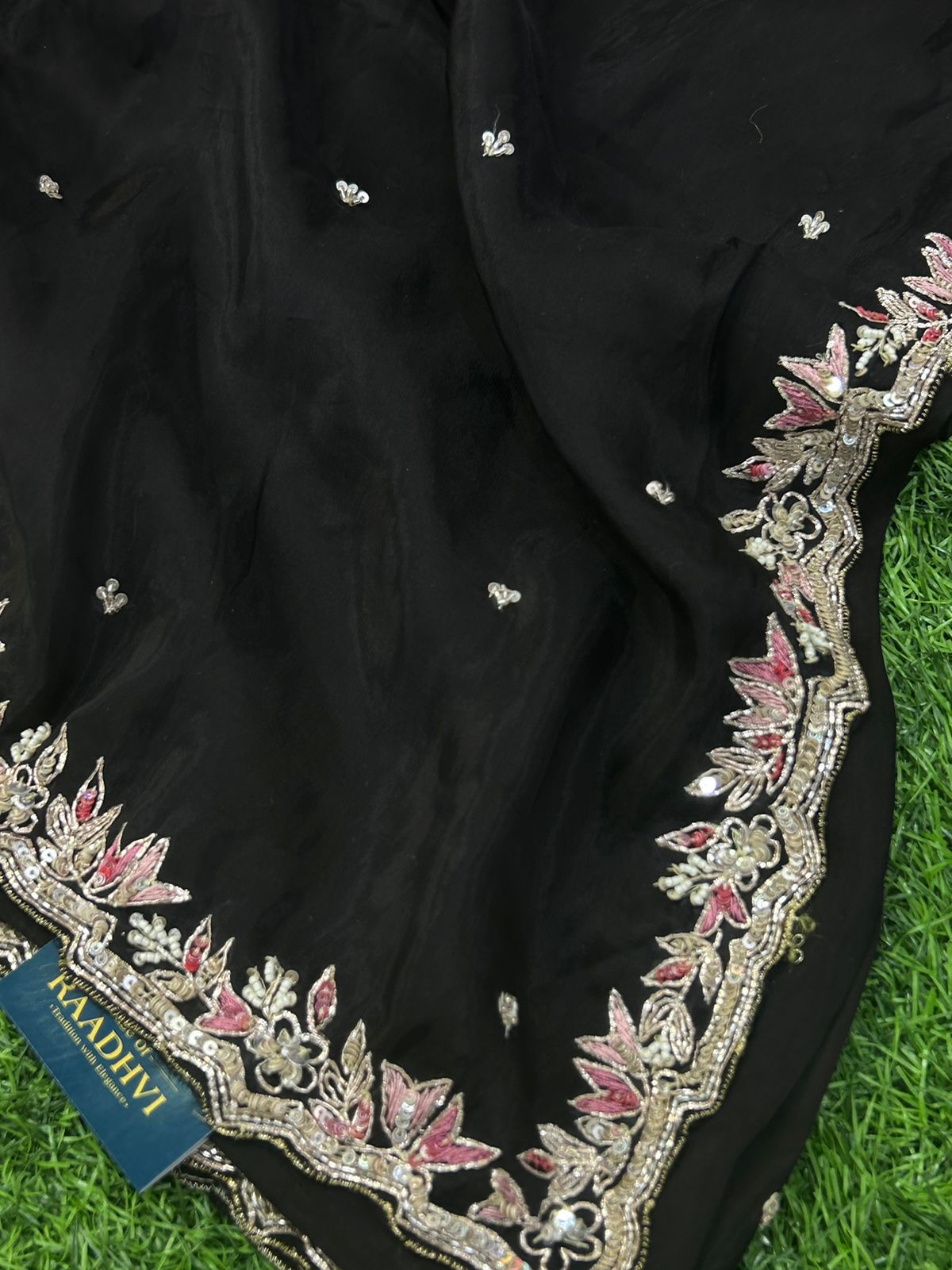 Black hand work designer party wear satin silk saree