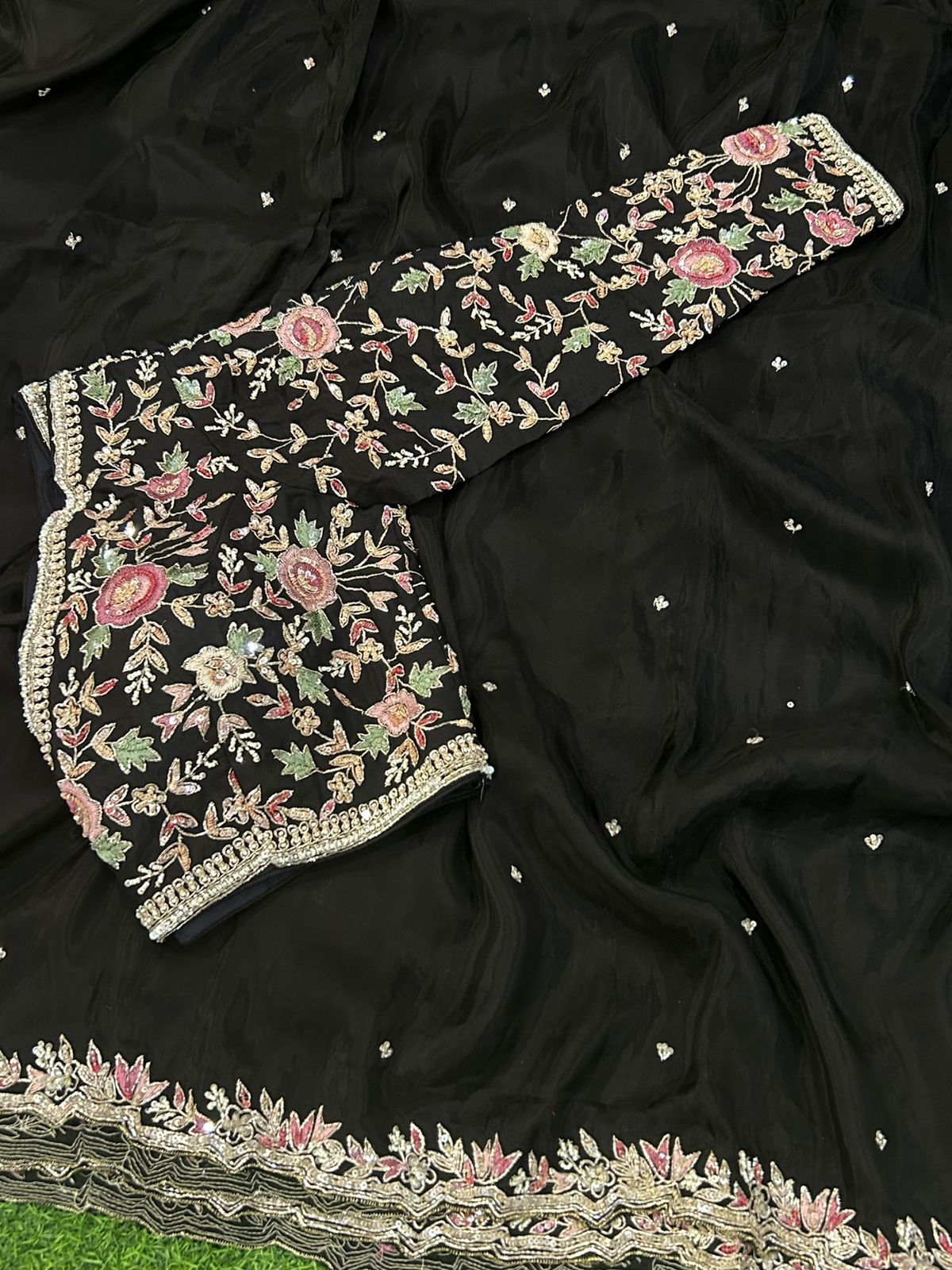 Black hand work designer party wear satin silk saree