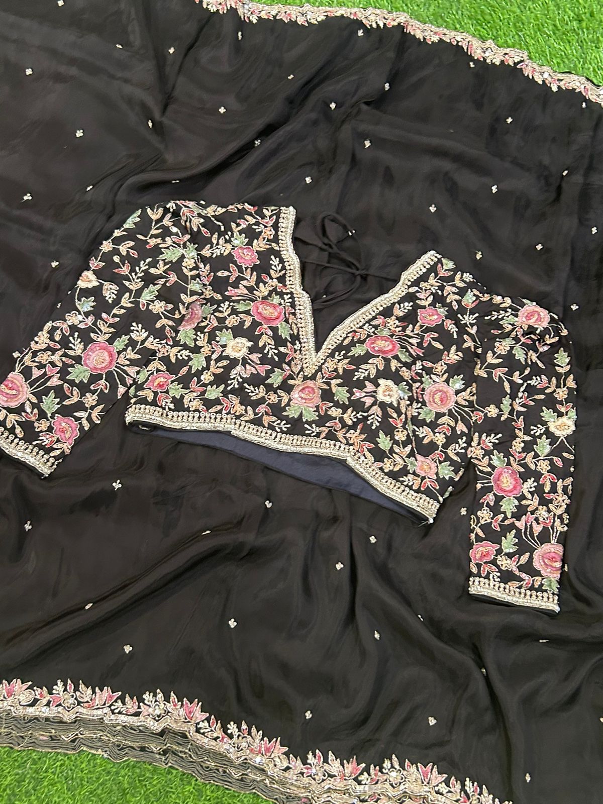 Black hand work designer party wear satin silk saree