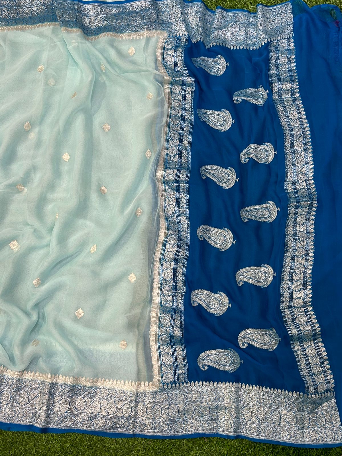 Sky blue with sea blue benarasi pure chiffon