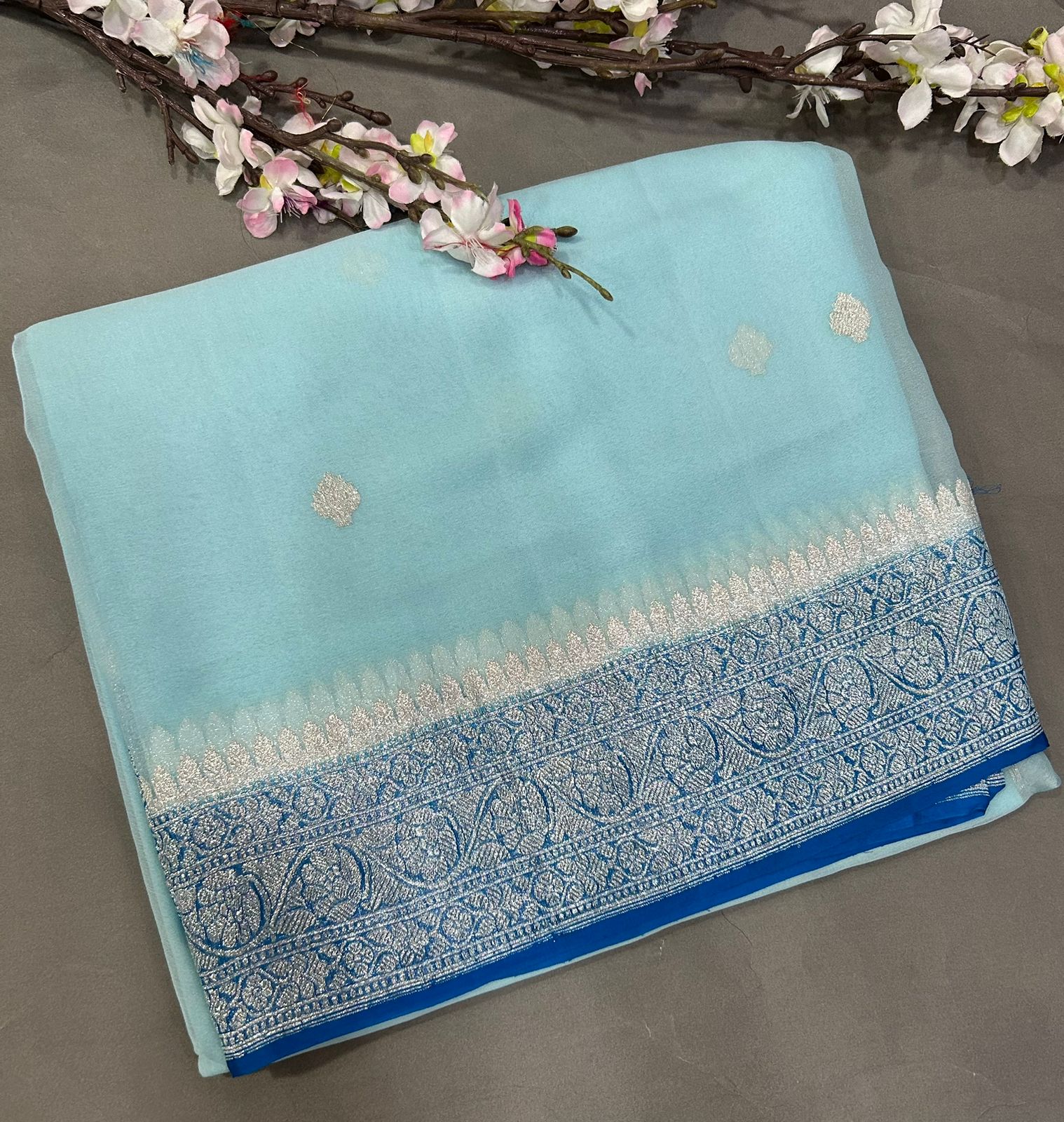 Sky blue with sea blue benarasi pure chiffon