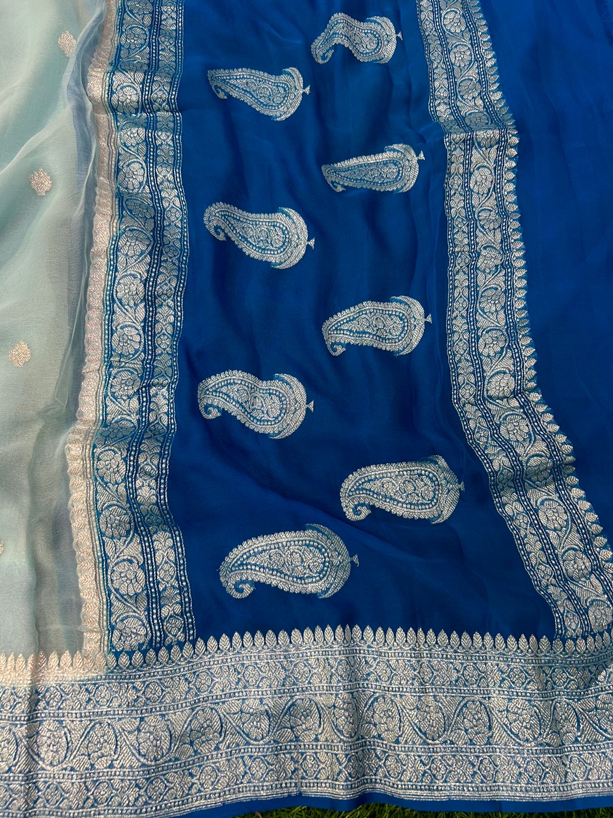 Sky blue with sea blue benarasi pure chiffon