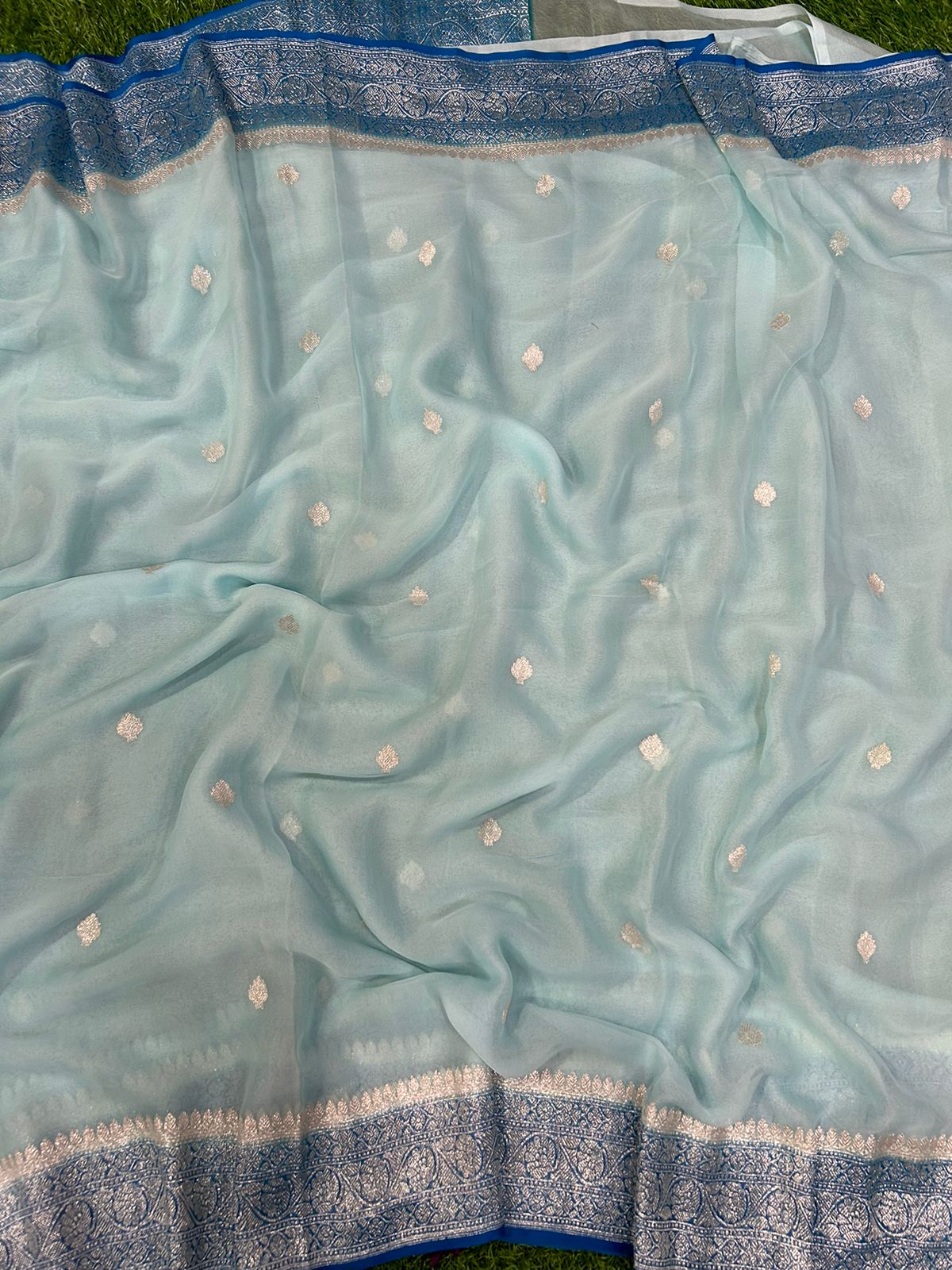 Sky blue with sea blue benarasi pure chiffon