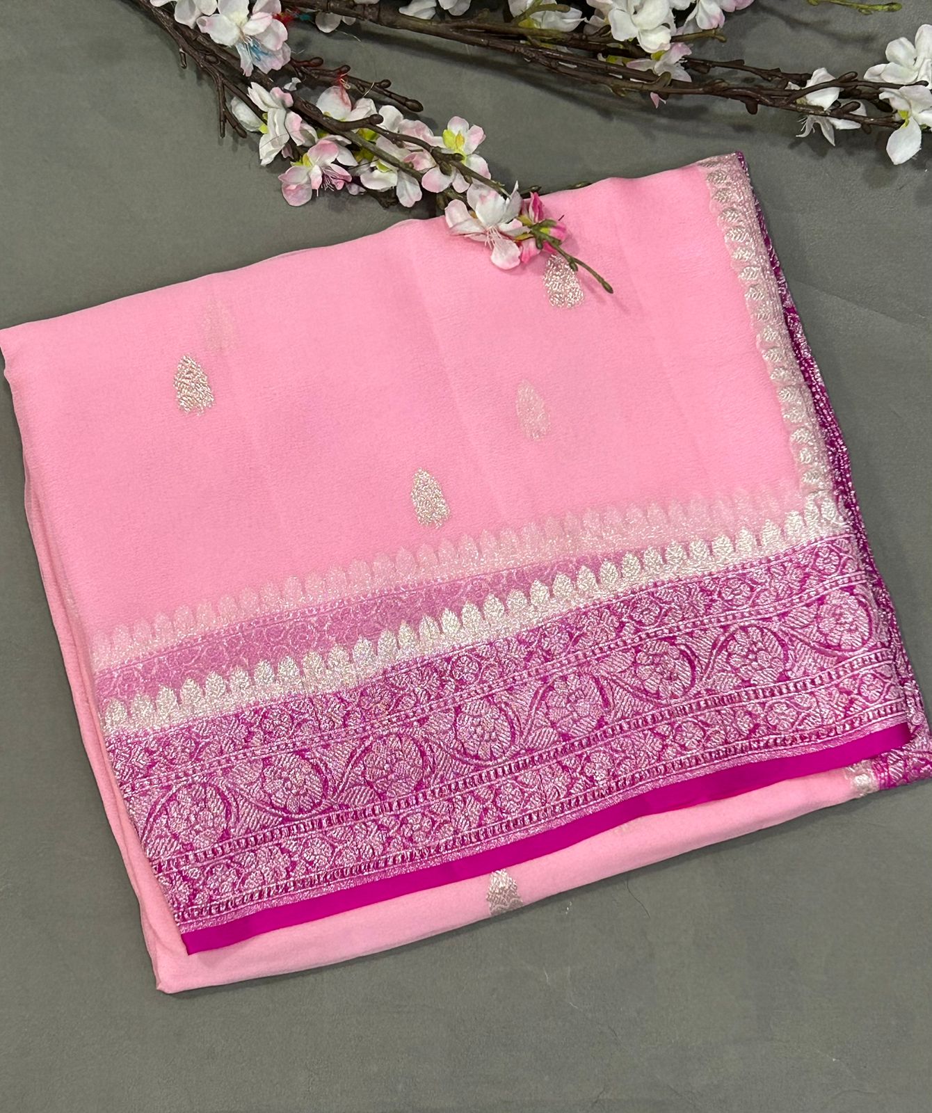 Baby pink with rani pink benarasi pure chiffon