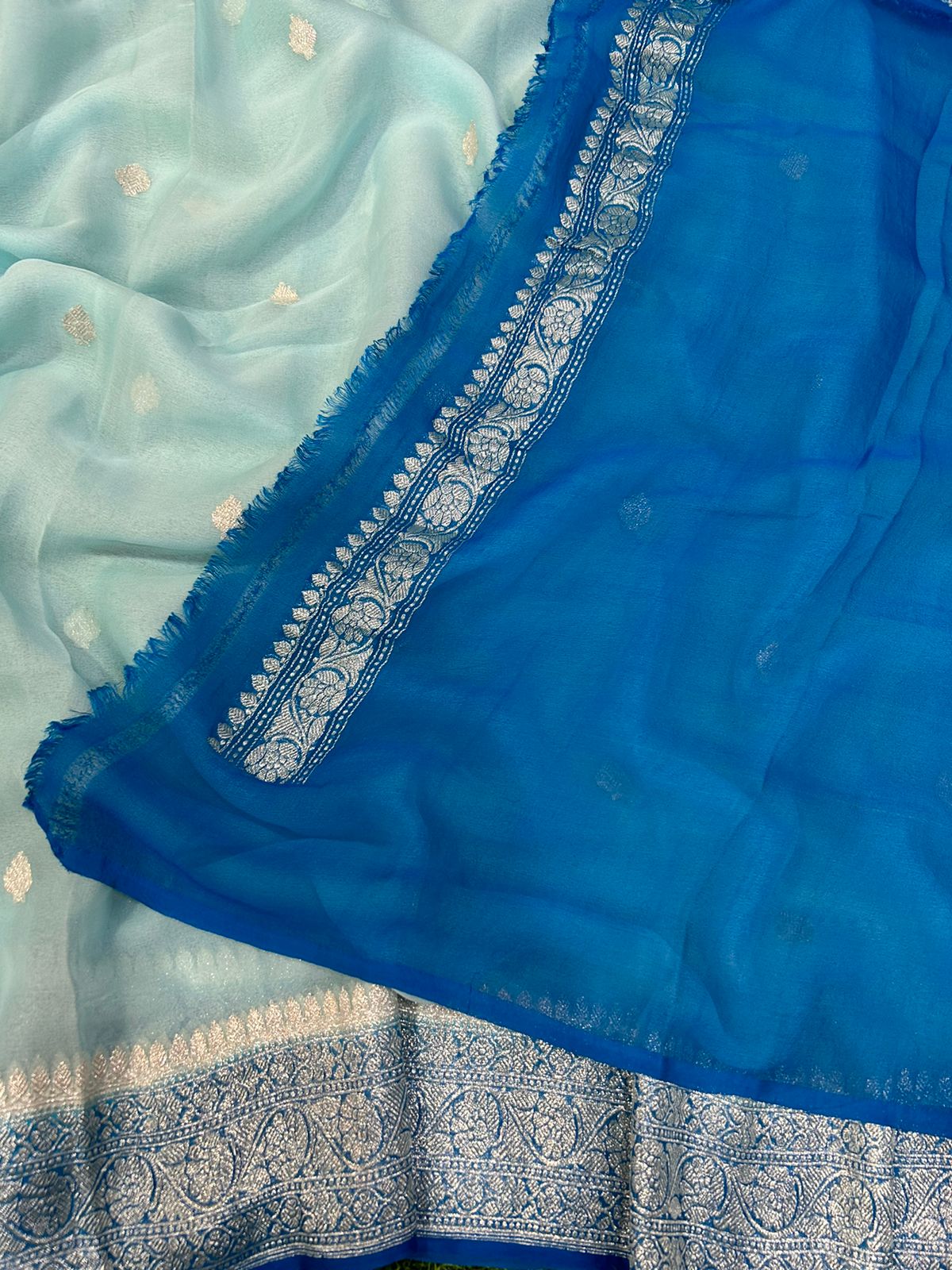 Sky blue with sea blue benarasi pure chiffon