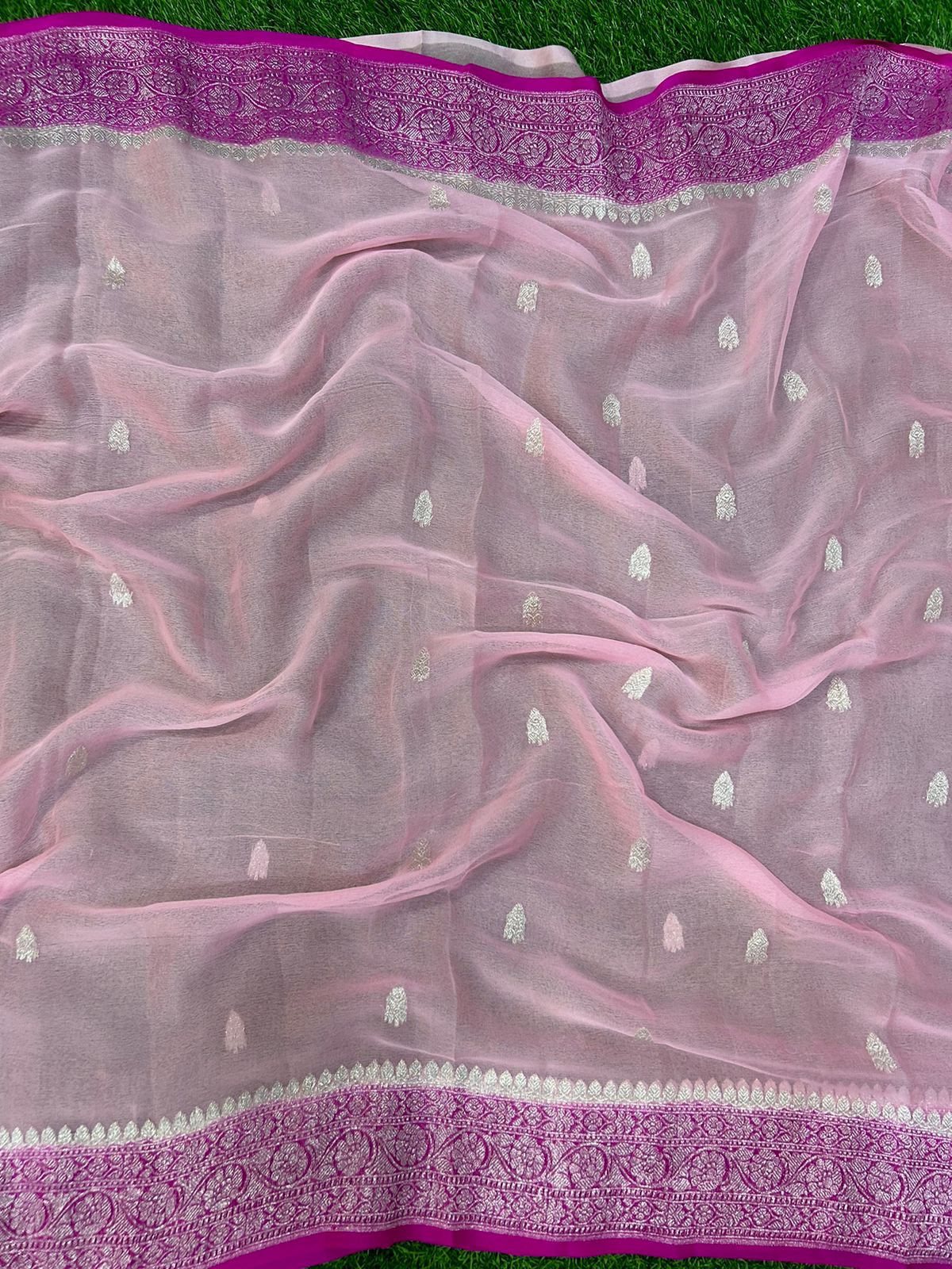 Baby pink with rani pink benarasi pure chiffon