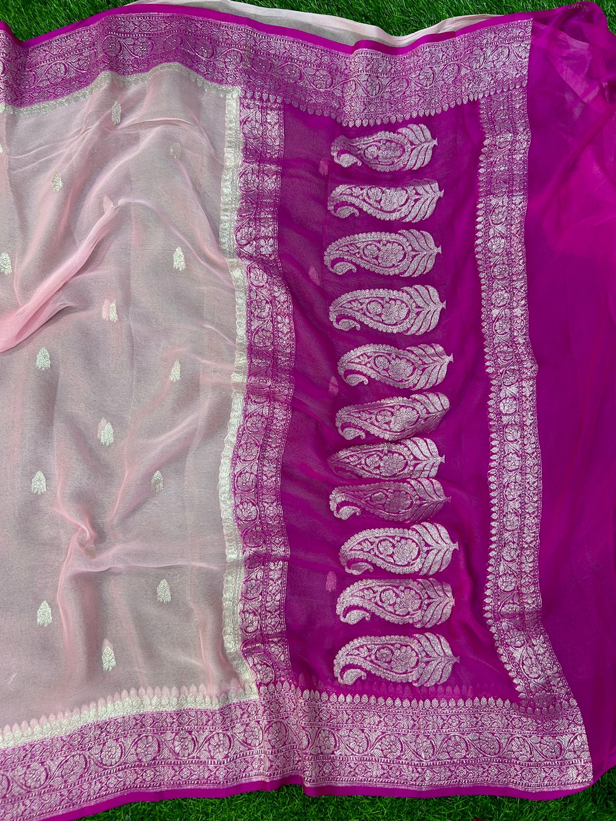Baby pink with rani pink benarasi pure chiffon