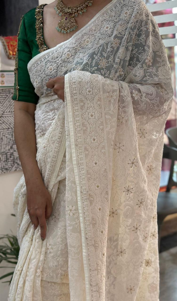 Cream chickankari-08 full work  georgette saree (RR)