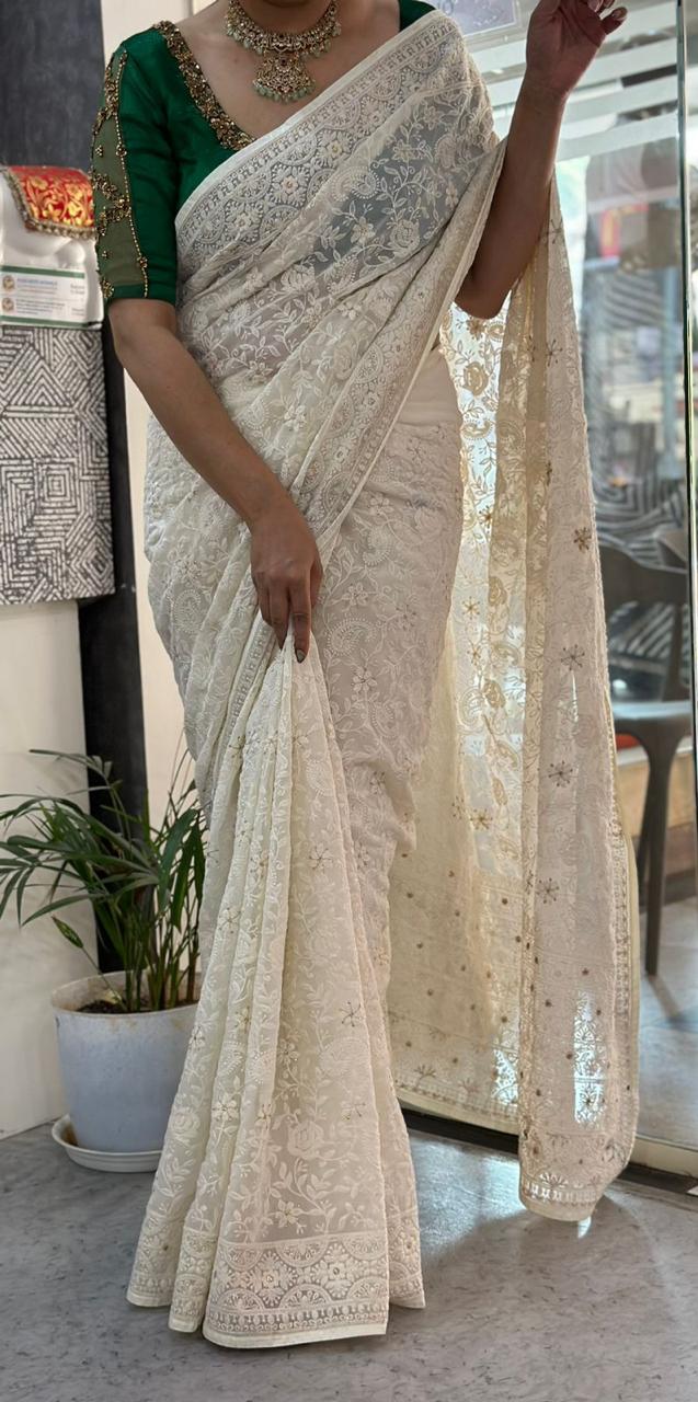 Cream chickankari-08 full work  georgette saree (RR)