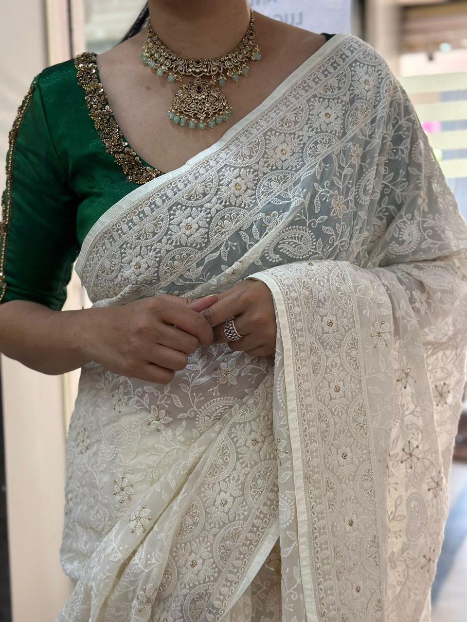 Cream chickankari-08 full work  georgette saree (RR)