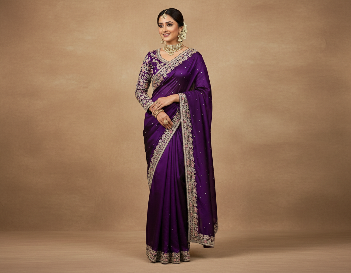 Wine purple full sleeves hand work designer party wear saree RR