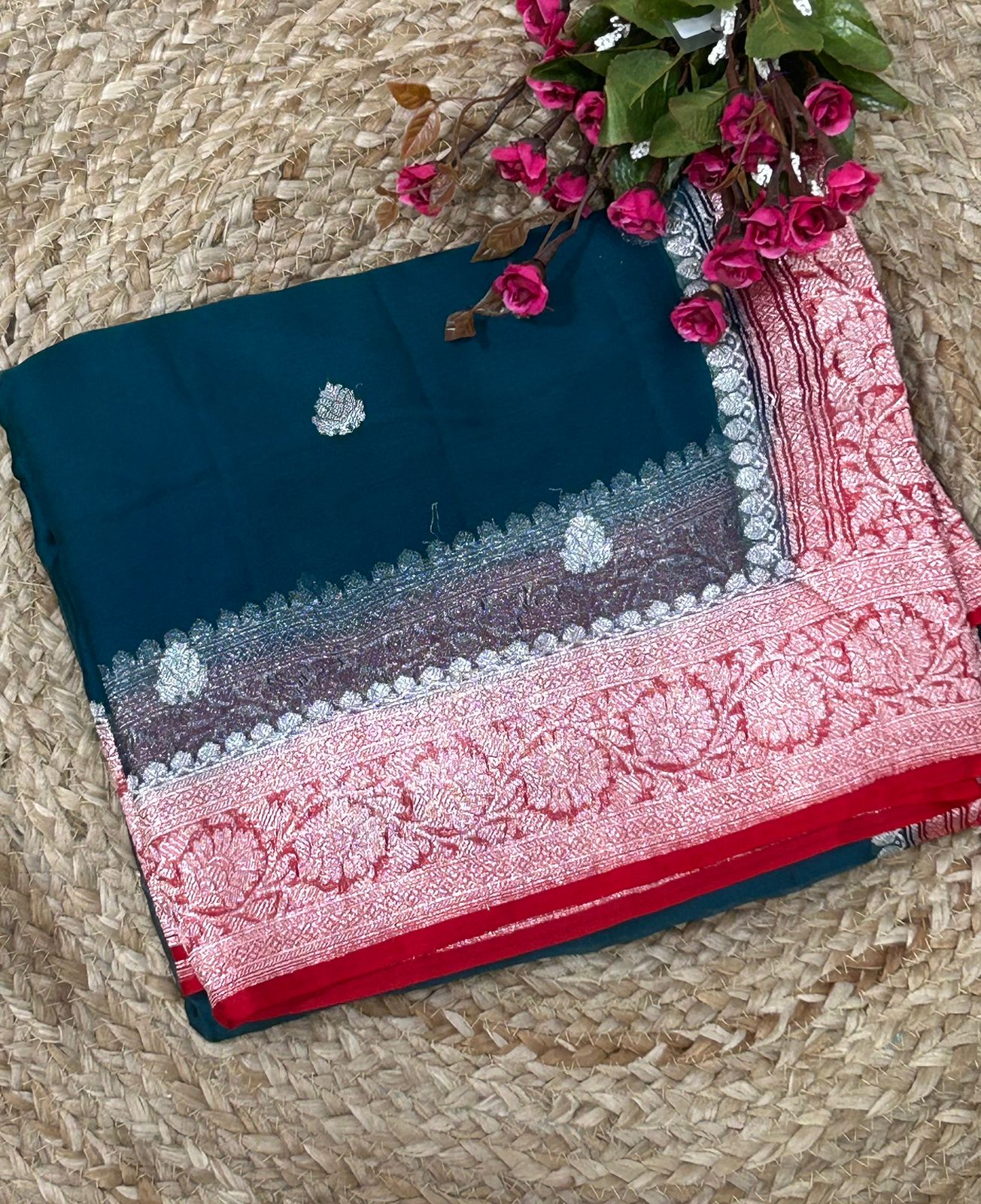 Peacock blue 01 n red benarasi pure khadi chiffon