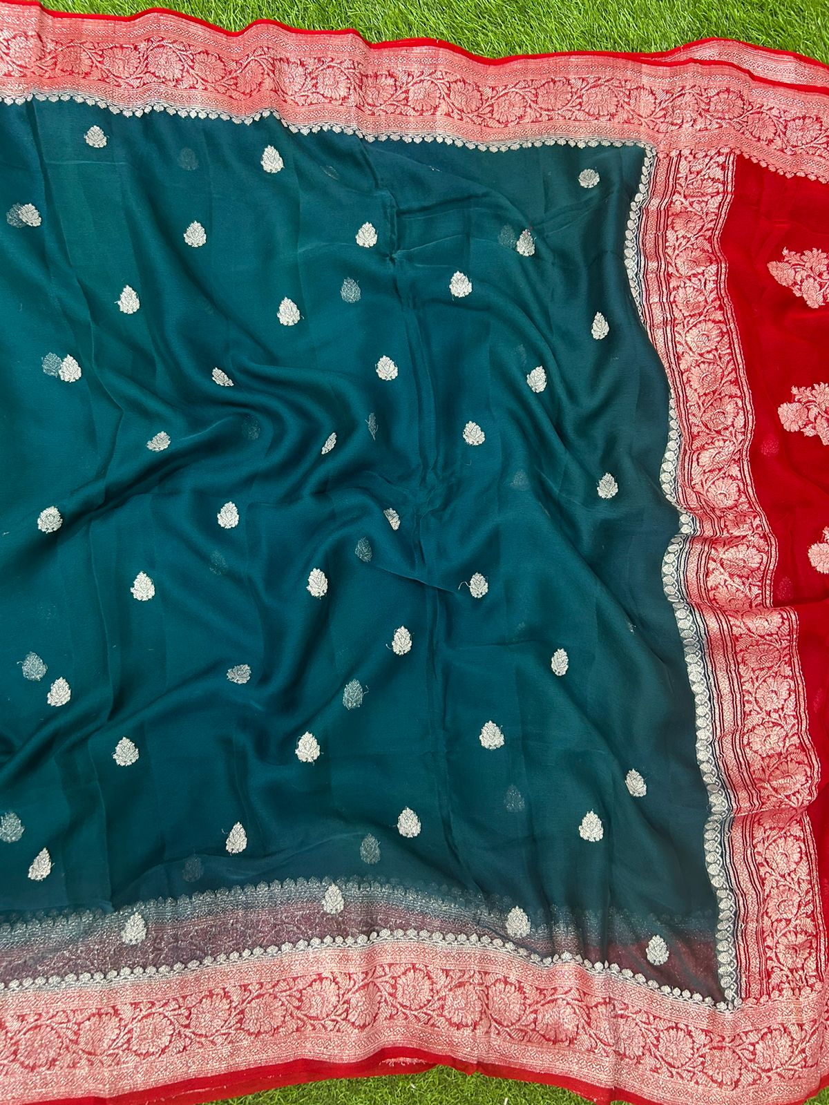 Peacock blue 01 n red benarasi pure khadi chiffon