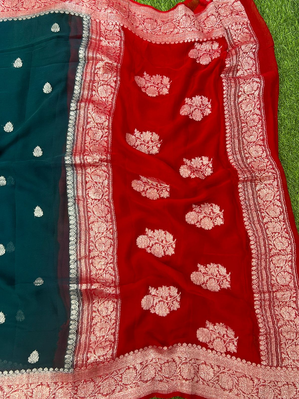 Peacock blue 01 n red benarasi pure khadi chiffon