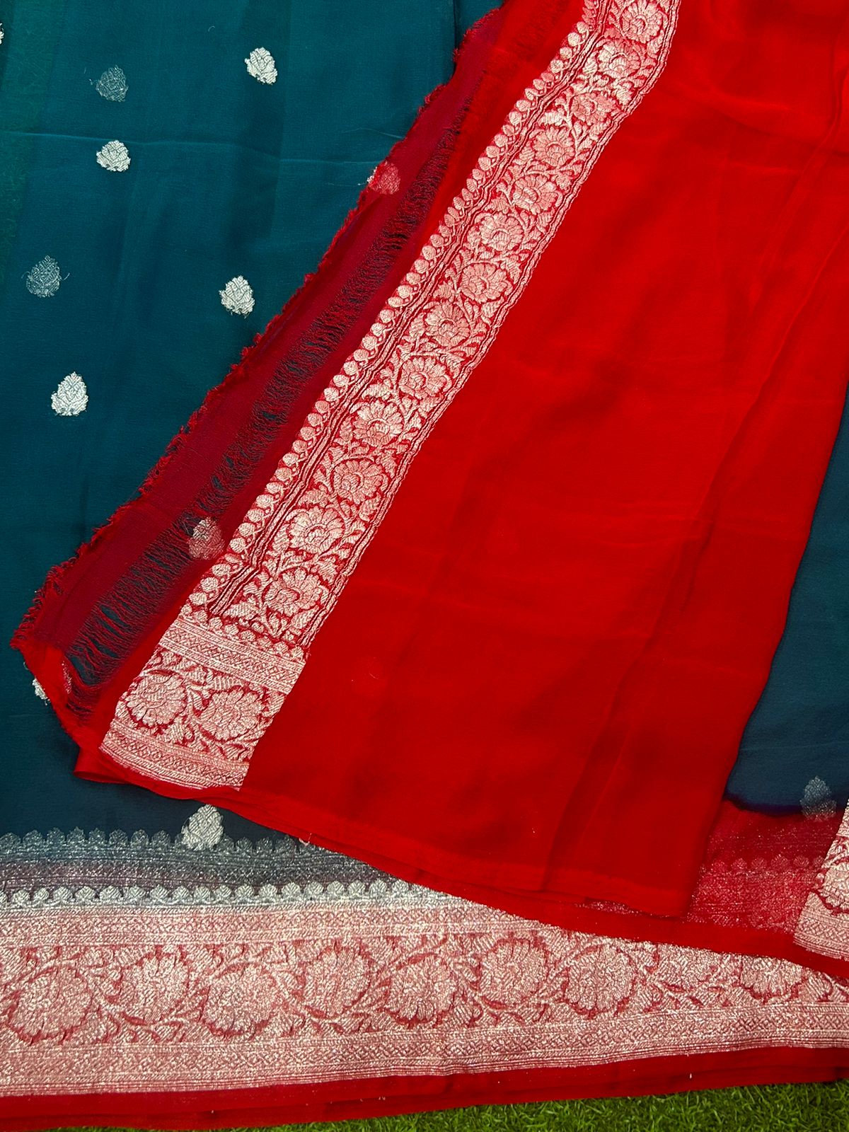 Peacock blue 01 n red benarasi pure khadi chiffon