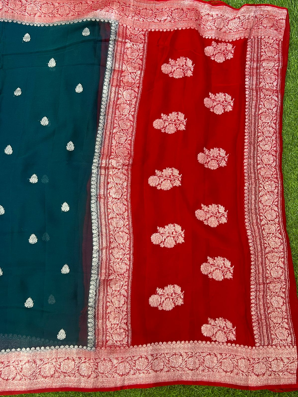 Peacock blue 01 n red benarasi pure khadi chiffon