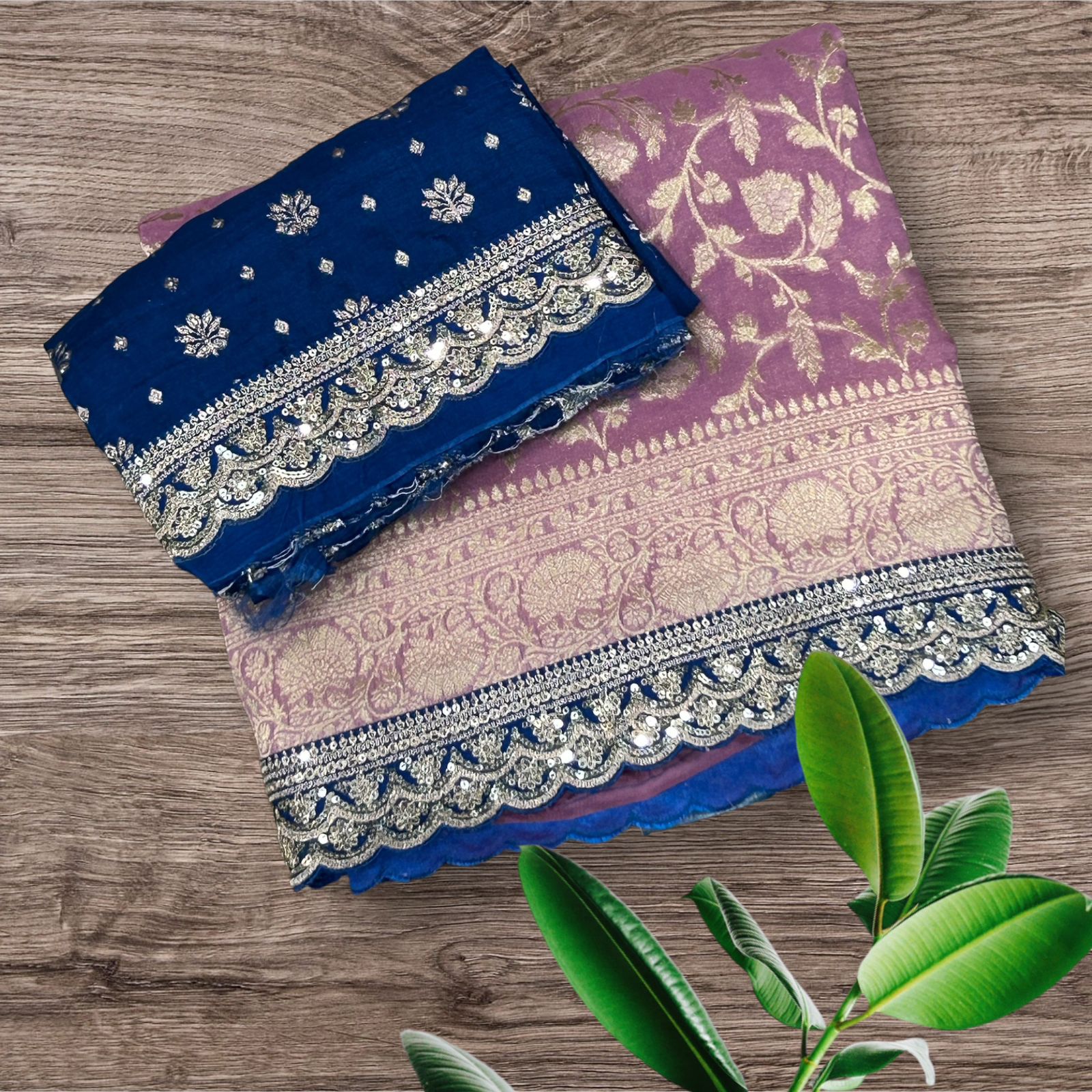 Light magenta n blue scallop border benaras georgette saree