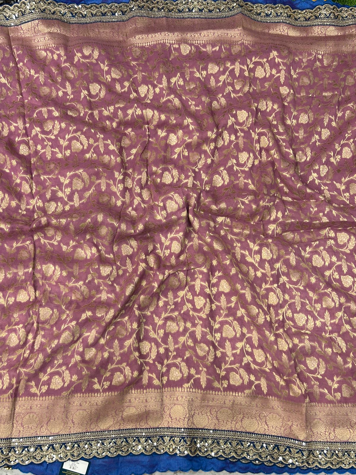 Light magenta n blue scallop border benaras georgette saree