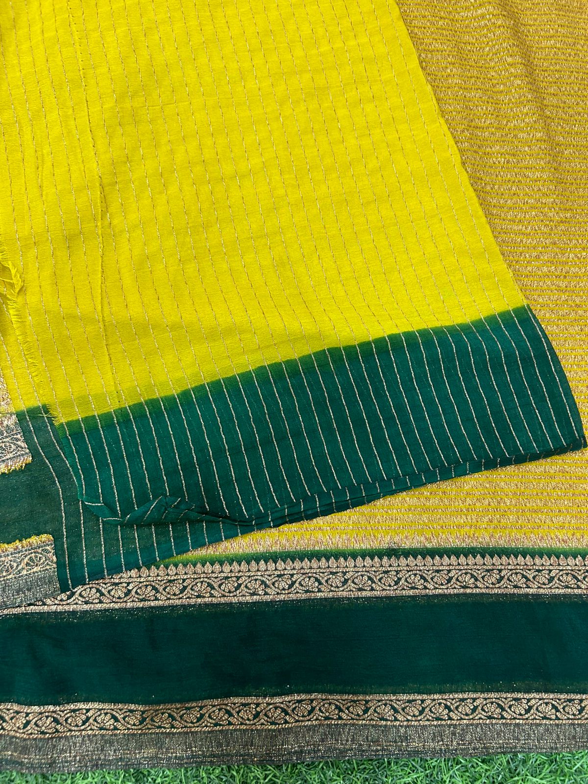 Mustard n green semi dupion stripes silk saree
