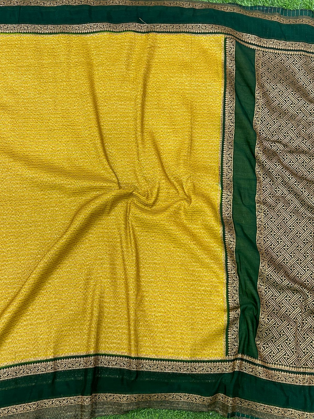 Mustard n green semi dupion stripes silk saree