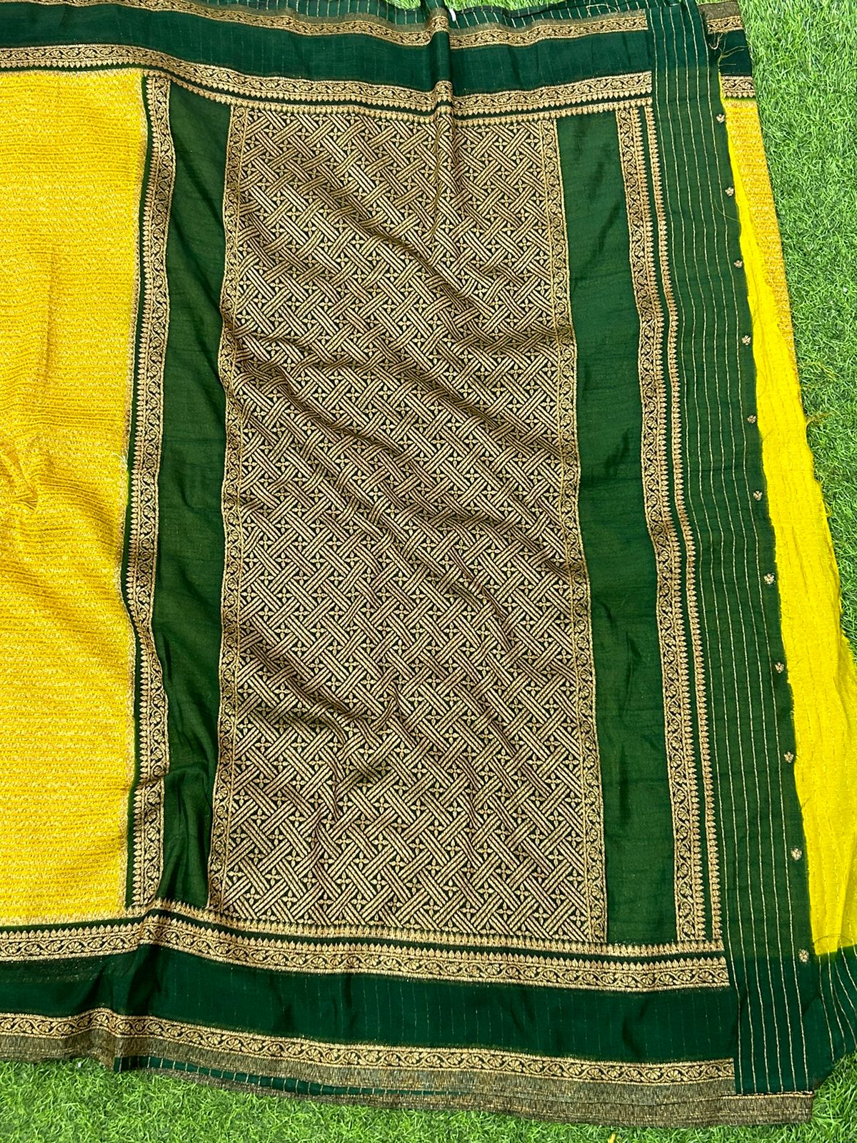 Mustard n green semi dupion stripes silk saree