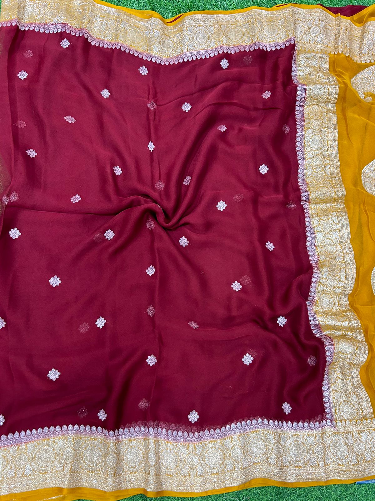 Maroon mustard benaras pure khadi chiffon saree