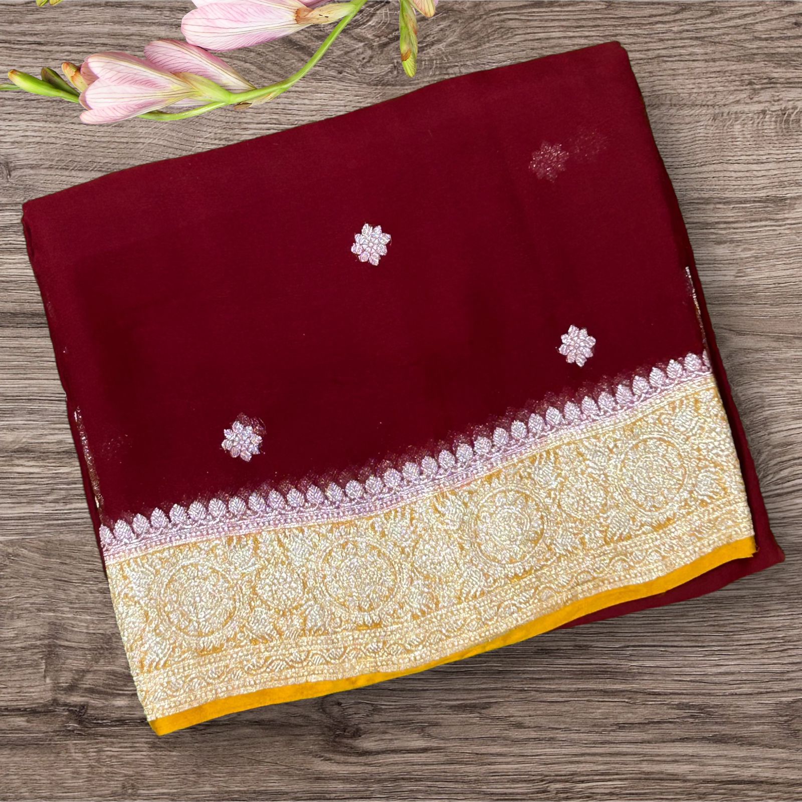 Maroon mustard benaras pure khadi chiffon saree
