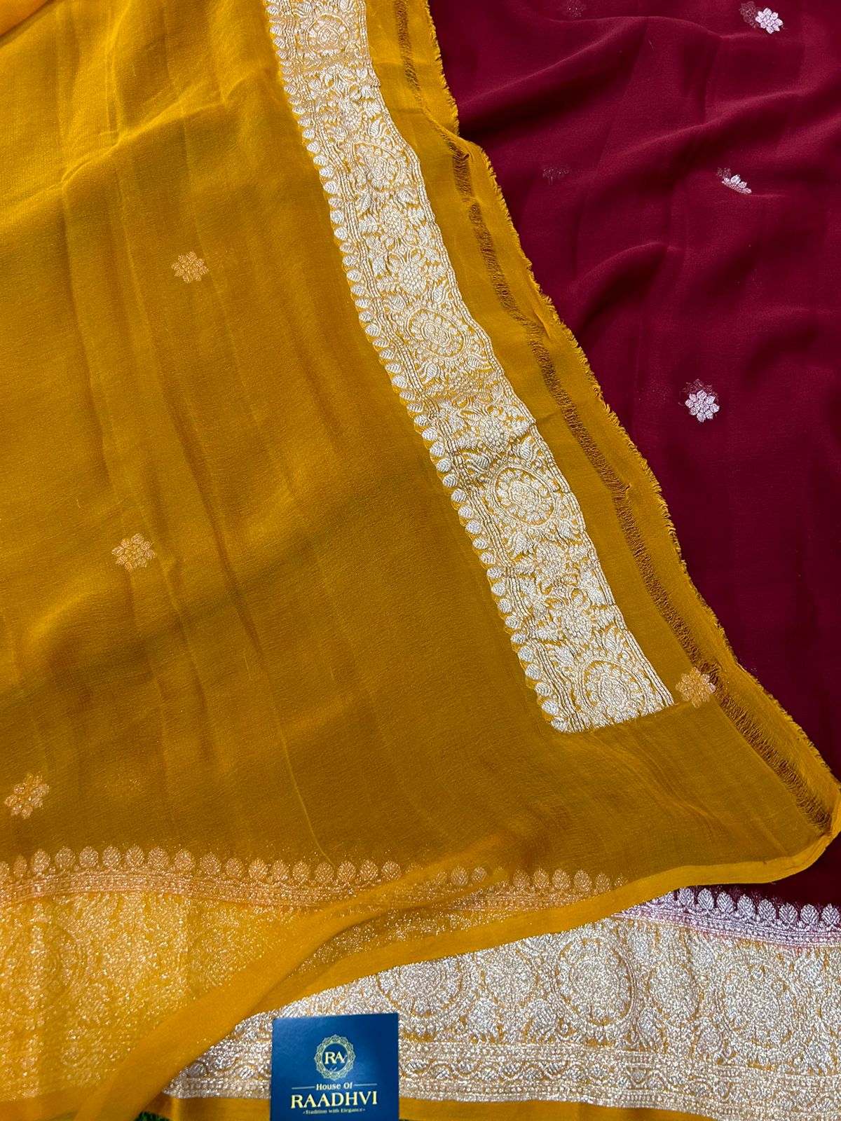 Maroon mustard benaras pure khadi chiffon saree